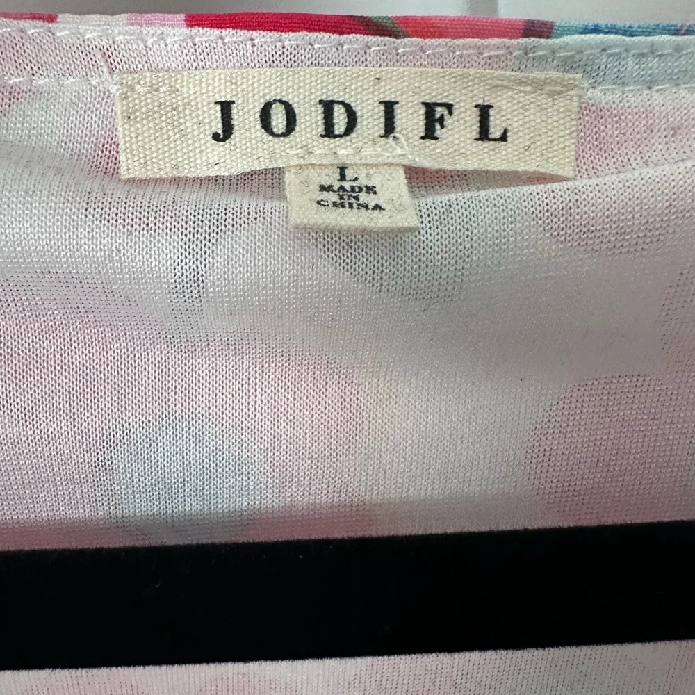 JODIFL Pink Floral Mini Dress with Green Leaves and Blue Centers - Picture 3 of 4